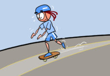 Comic: Ein Kind beim Skateboarden mit Helm.