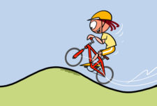Dessin: un enfant roule à vélo sur un pumptrack.