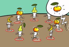 Comic: Figuren mit Fruchtköpfen stehem im Kreis und spielen zusammen.
