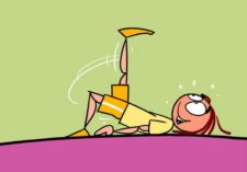 Comic: Kind liegt am Boden und streckt ein Bein hoch.