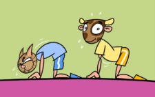 Fumetto: un gatto e una mucca mentre eseguono l'esercizio
