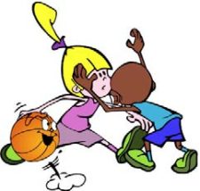 Disegno: due bambini durante un'azione di gioco con una palla da basket che sorride