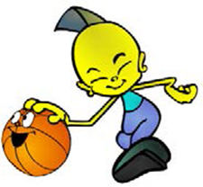 Comic: Kleine Comicfigur dribbelt mit Basketball. 