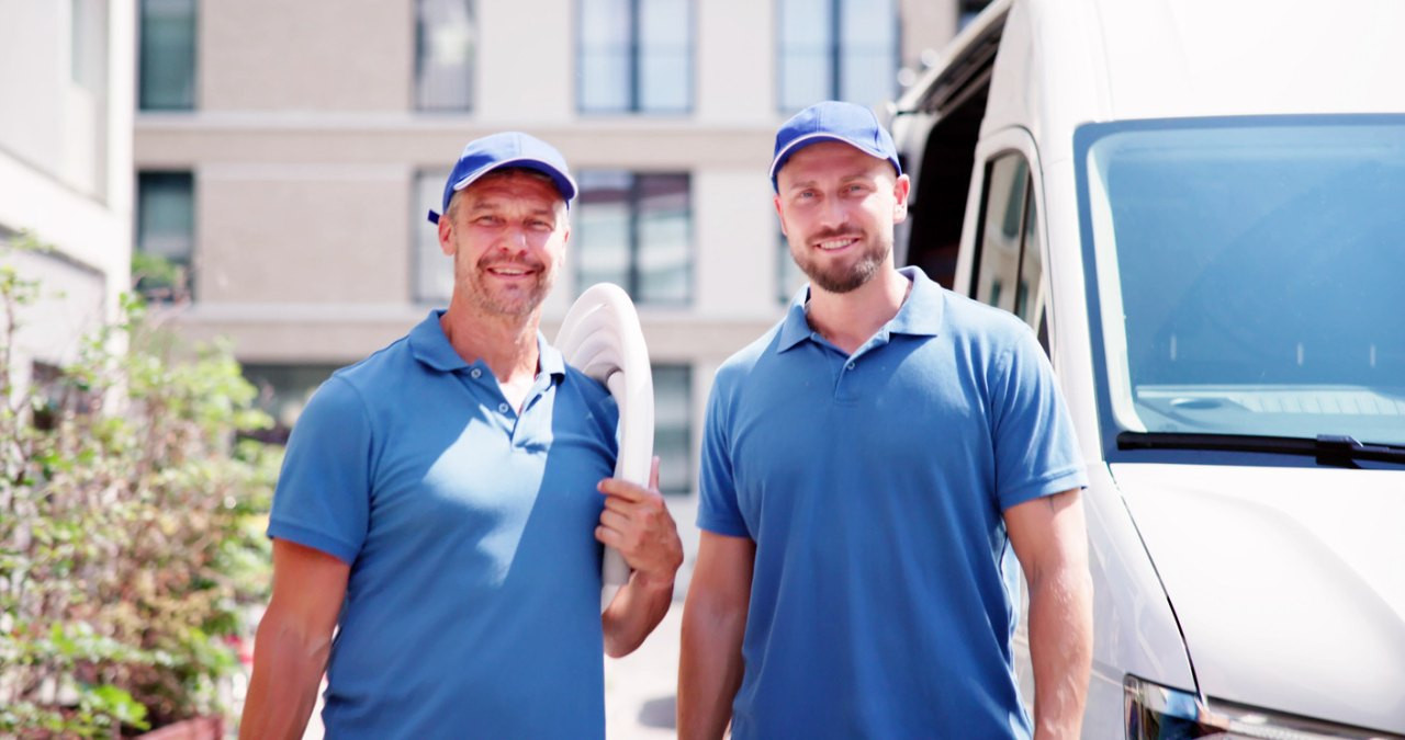 Zwei Elektroinstallateure in blauer Arbeitskleidung mit Installationsrohr vor einem Servicefahrzeug